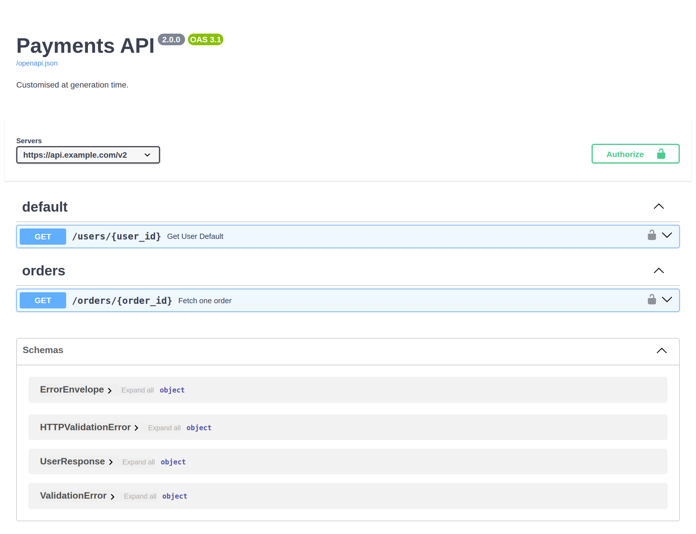 Swagger UI for the Payments API showing a servers dropdown set to https://api.example.com/v2, an Authorize button from the bearer security scheme, the orders tag grouping the GET /orders/{order_id} operation labelled Fetch one order, and the ErrorEnvelope, HTTPValidationError, UserResponse and ValidationError component schemas